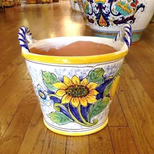 Medium Handled Flowerpot - Sunflower on White