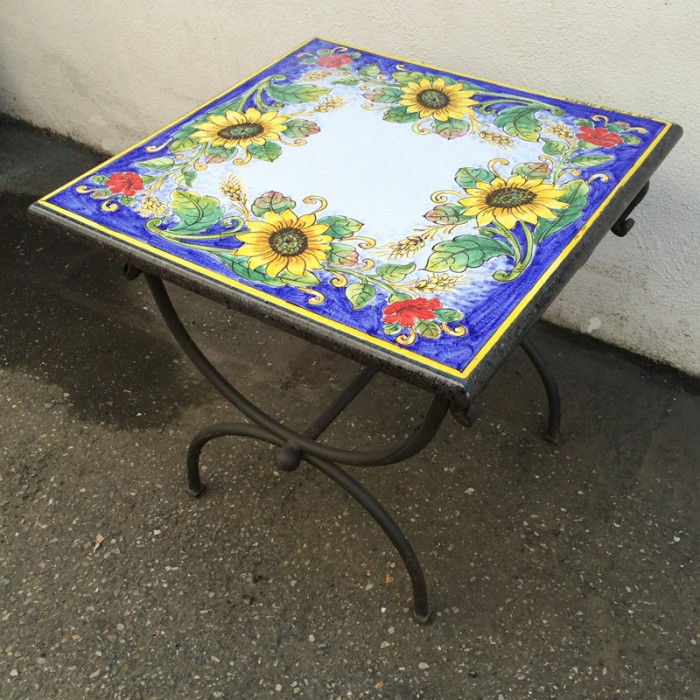20” Square Italian Volcanic Table – Sunflowers and Poppies on Blue
