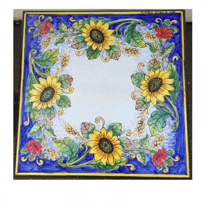 20” Square Italian Volcanic Table – Sunflowers and Poppies on Blue - Image 3