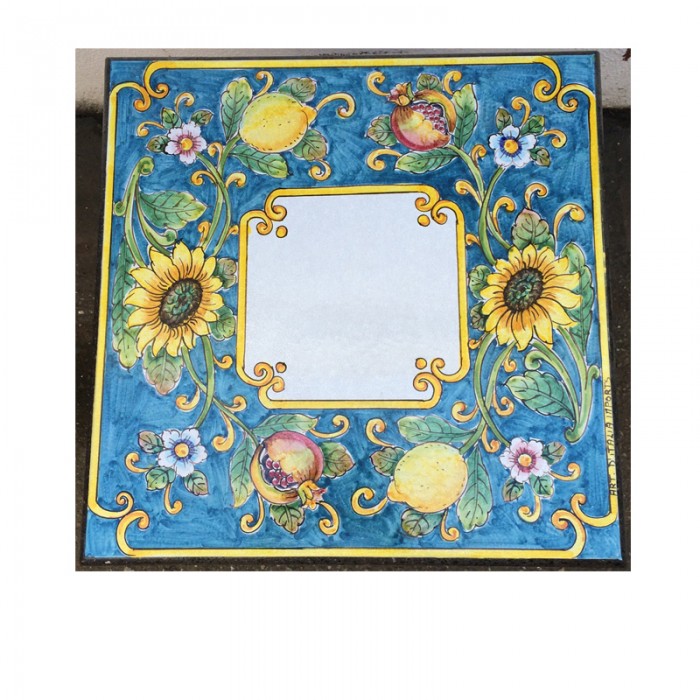 20” Square Italian Volcanic Table – Sunflowers and Fruits on Teal