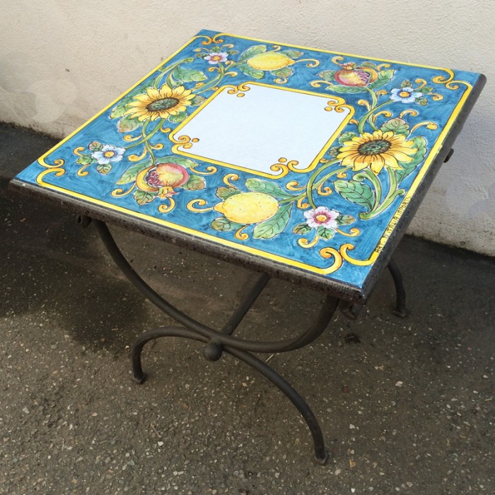 20” Square Italian Volcanic Table – Lemons and Sunflowers on Turquoise