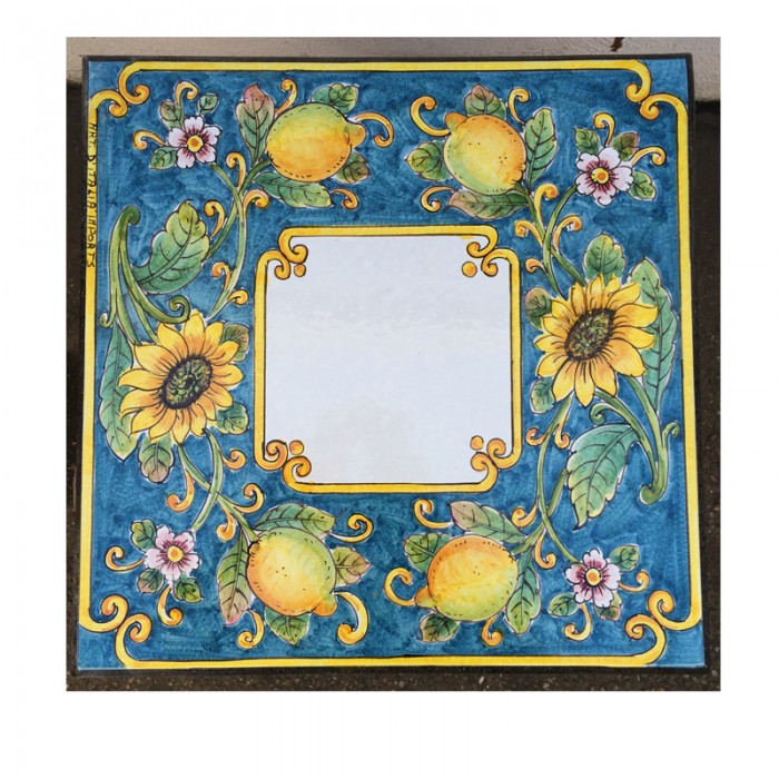20” Square Italian Volcanic Table – Lemons and Sunflowers on Turquoise - Image 2