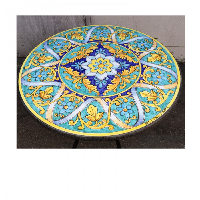 31.5″ Italian Volcanic Table – Intricate Geometric Scrolls and Ribbons on Teal - Image 2