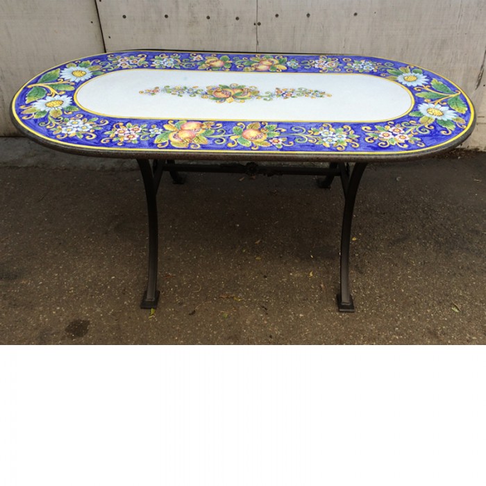 63” x 31” Italian Volcanic Table – Oval Pomegranates and Flowers on Blue