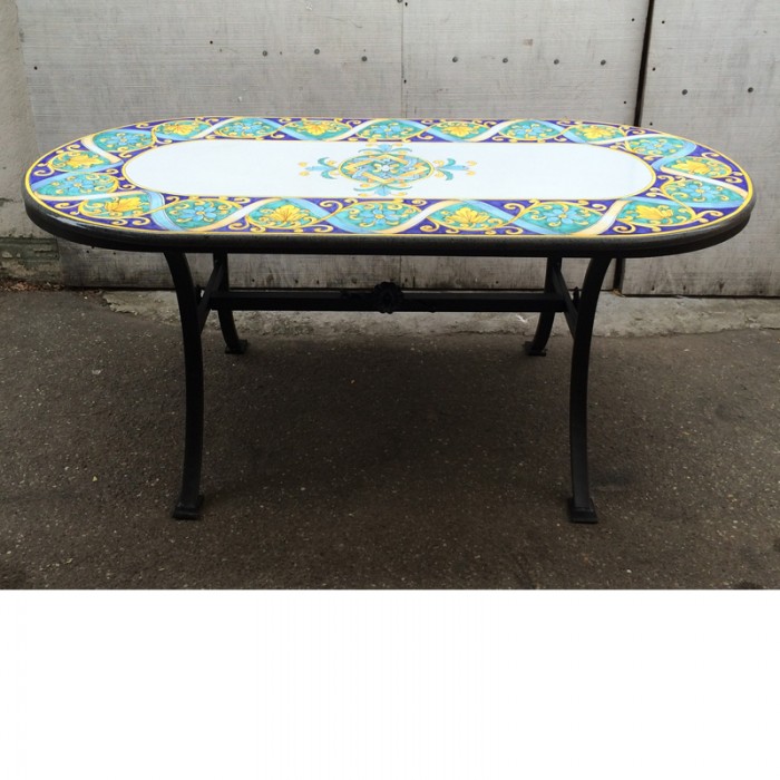 70” x 35” Italian Volcanic Table Oval – Geometrico Ribbons on Blue and Teal