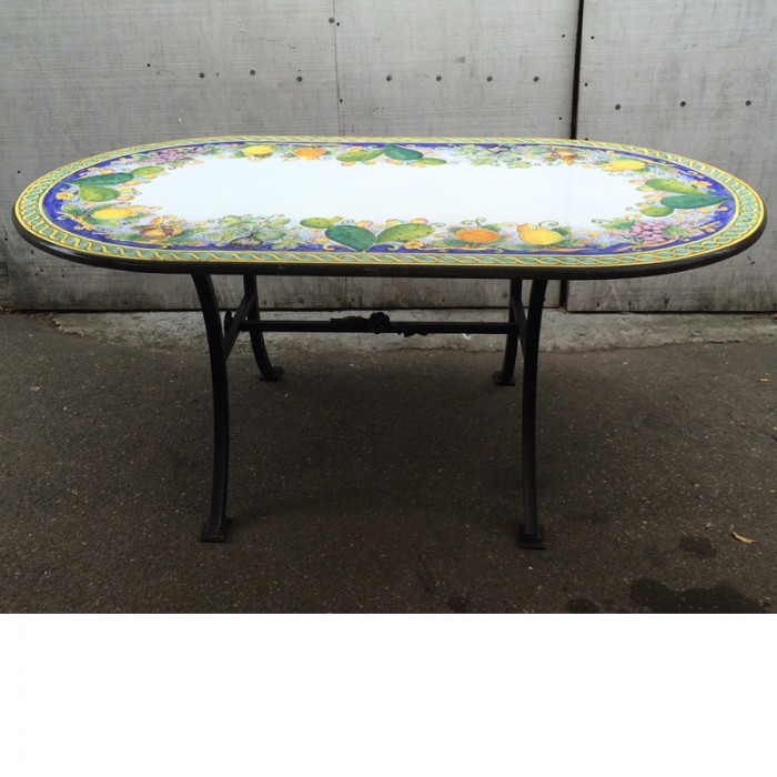 70” x 39” Italian Volcanic Table – Oval Cacti and Fruit on Blue